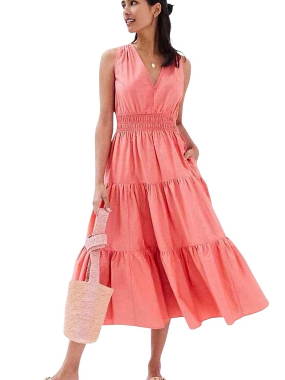 Anthropologie Maeve Smocked Tiered Midi-Maxi Sundress, Orange Pink, 4